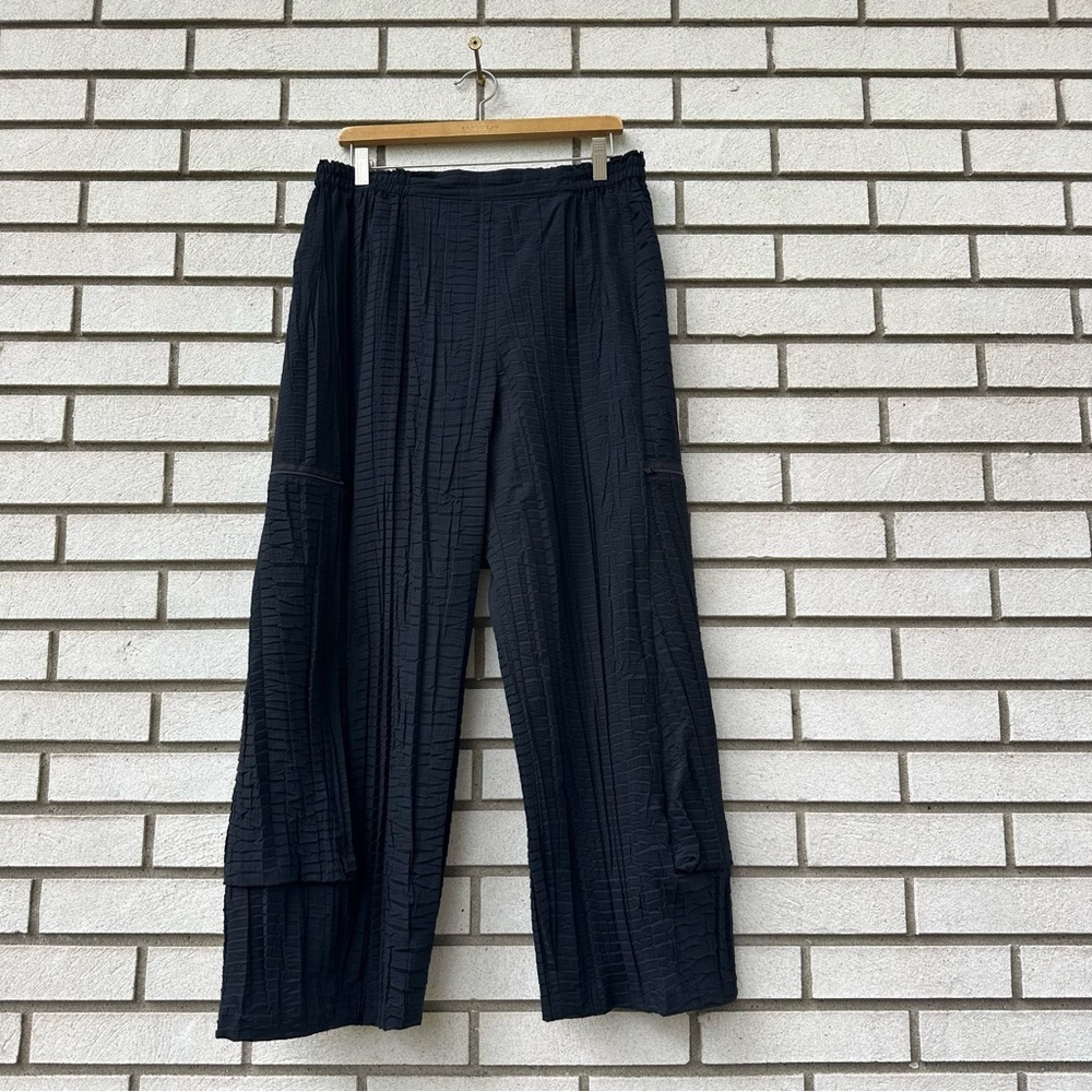 Blanque Textured Crinkle Wide Leg Pants Black Cropped Made in USA Size 3 XL